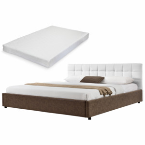 [my.bed] Elegantní manželská postel - matrace ze studené HR pěny - prošívaná - 140x200cm (Záhlaví: koženka bílá / Rám: alcantara koženka hnědá) - s ro