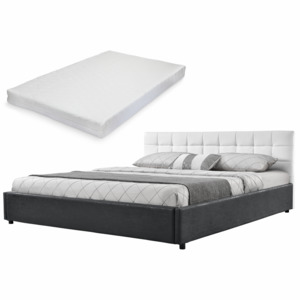 [my.bed] Elegantní manželská postel - matrace ze studené HR pěny - prošívaná - 140x200cm (Záhlaví: koženka bílá / Rám: alcantara koženka tmavě šedá) -