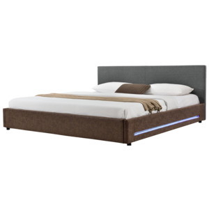 [my.bed] Elegantní manželská postel s LED podsvícením - 140x200cm (Záhlaví: textil šedá / Rám: alcantara koženka hnědá) - s roštem HTCMB-38008 & HTCMB