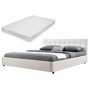 [my.bed] Elegantní manželská postel - matrace ze studené HR pěny - prošívaná - 140x200cm (Záhlaví: koženka bílá / Rám: alcantara koženka šedobílá) - s
