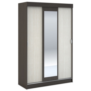 Šatní skříň 130 cm se zrcadlem s posuvnými dveřmi v dekoru dub belfort a s korpusem v dekoru wenge typ 3D KN700