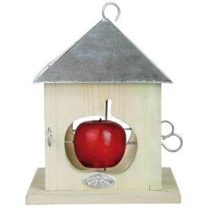 Bílé dřevěné krmítko pro ptáky se zinkovou střechou na 4 jablka Esschert Design, výška 23 cm