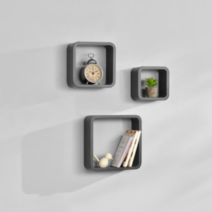 [en.casa]® Třídílná sada designových polic na zeď - tmavě šedá - model 4