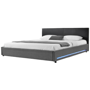 [my.bed] Elegantní manželská postel s LED podsvícením - 180x200cm (Záhlaví: koženka černá / Rám: textil šedá) - s roštem HTCMB-38012 + HTCMB-38118