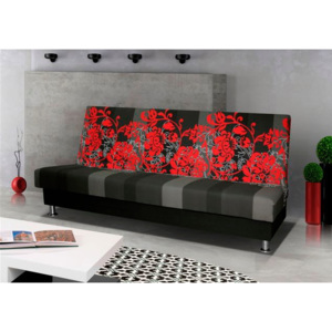 Rozkládací pohovka s úložným prostorem v černé barvě s motivem červených květů 120x195 cm F1284