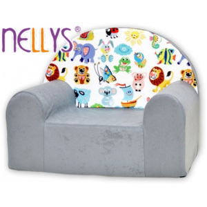 Dětské křesílko/pohovečka Nellys ® - Veselá zvířátka v šedé
