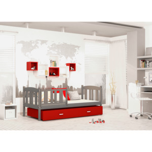 Dřevěná postel KUP 1848 184x80 cm s velkým úložným prostorem šedá/červená