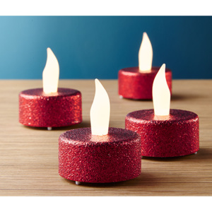 Čajové svíčky s LED, červené se třpytkami, 4 ks