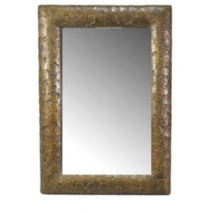 Zrcadlo v dřevěném rámu pobitém mosazným plechem s reliefy mincí, 47x32cm