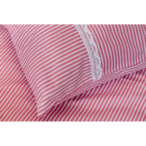 Bavlněné povlečení růžový proužek S KRAJKOU - 200x220 cm (1 ks), 70x90 cm s krajkou (2 ks)