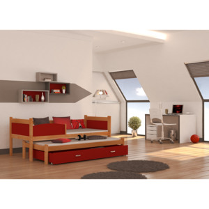 Dřevěná postel TWP 1848 184x80 cm s úložným prostorem a přistýlkou olše/červená