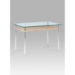Jídelní stůl 120x75 cm, čiré sklo / sonoma / leštěný nerez