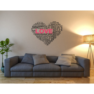 Srdce z nápisů - samolepka na zeď Růžová 60 x 50 cm