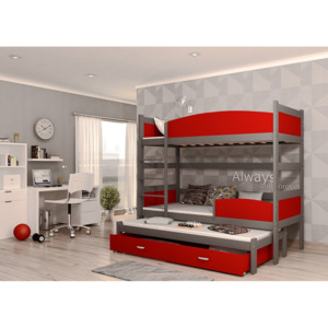 Dětská patrová postel SWING3 + rošt + matrace ZDARMA, 190x90, šedý/červený