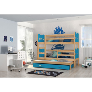 Dětská dřevěná patrová postel FOX 3 + matrace + rošt ZDARMA, 184x80, borovice/srdce/modrá