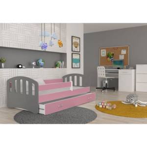 Dětská postel ŠTÍSTKO barevná + matrace + rošt ZDARMA, 180x80, šedá/růžová