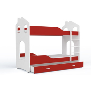 Dětská patrová postel PATRIK Domek + matrace + rošt ZDARMA, 180x80, bílá/červená
