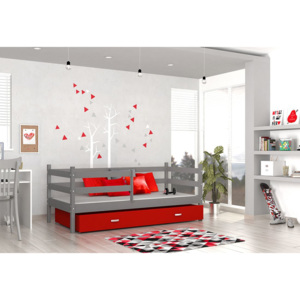 Dětská postel RACEK P color s vysokou zábranou + matrace + rošt ZDARMA, 184x80, šedá/červená