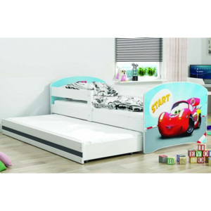 Jednolůžko/dětská postel Luki Trundle s přistýlkou + 2x matrace v ceně - bílá/autíčko
