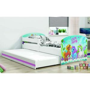 Jednolůžko/dětská postel Luki Trundle s přistýlkou + 2x matrace v ceně - bílá/pony