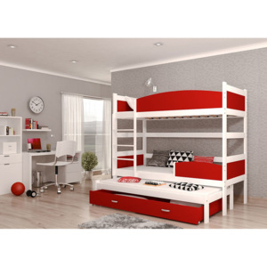 Dětská patrová postel SWING3 + rošt + matrace ZDARMA, 190x90, bílý/červený