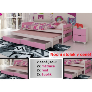 Rozkládací postel Tomi + 1x noční stolek - bílá/růžová - !