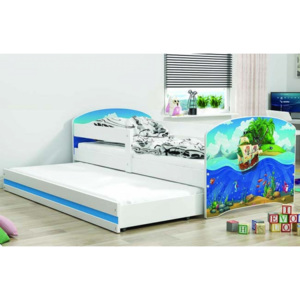 Jednolůžko/dětská postel Luki Trundle s přistýlkou + 2x matrace v ceně - bílá/piráti