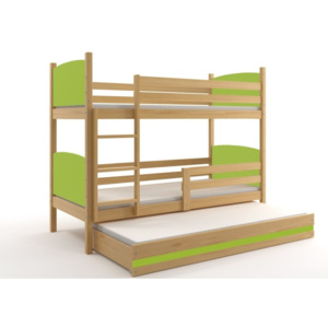 Patrová postel BRENEN 3 + matrace + rošt ZDARMA, 80x160, borovice, zelená