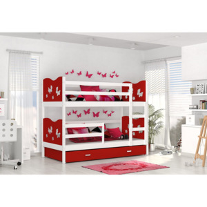 Dětská patrová postel FOX COLOR + matrace + rošt ZDARMA, 190x80, bílý/červený - motýlci