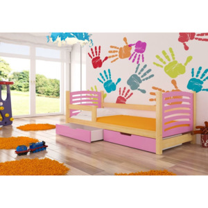 Dětská postel BAMBI + matrace + rošt ZDARMA, 80x188x81, borovice/růžová