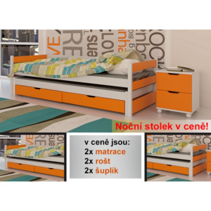 Rozkládací postel Tomi + 1x noční stolek - bílá/oranžová - !