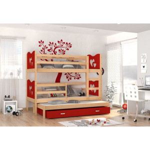 Dětská dřevěná patrová postel FOX 3 + matrace + rošt ZDARMA, 184x80, borovice/srdce/červená