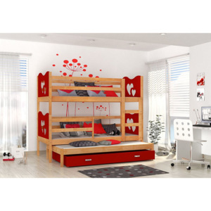 Dětská dřevěná patrová postel FOX 3 + matrace + rošt ZDARMA, 184x80, olše/srdce/červená