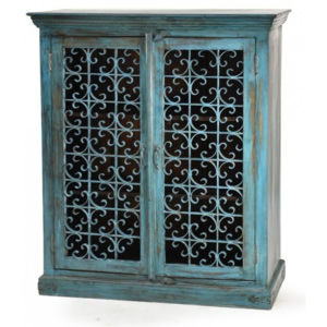 SB Orient Skříň z antik teakového dřeva, železná mříž bez skla, tyrkysová, 97x42x126cm