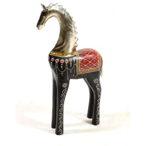 SB Orient Soška koně, dřevěná, ručně malovaná, kovová hlava, černá 20x46cm