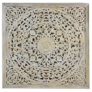 SB Orient Ručně vyřezaná mandala z teakového dřeva, bílá patina, 148x148x5cm
