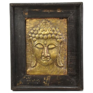 SB Orient Obraz recyklovaného teakového dřeva, relief Buddhy z tepaného kovu, 25x29x3cm