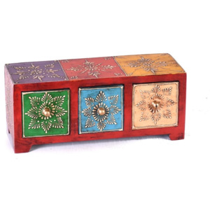 SB Orient Dřevěná skříňka s 3 šuplíky, ručně malovaná, červená, 25x10x10cm