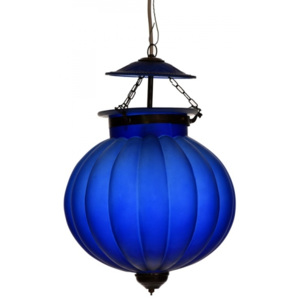 SB Orient Skleněná lampa, matně modrá, mosazné prvky, prům. 30cm, výška 44cm