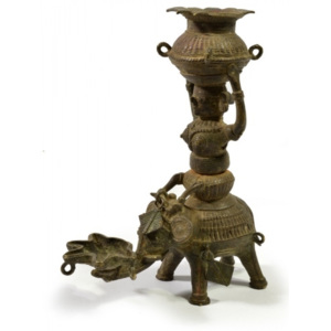 Mobler Mosazná olejová lampa, žena na slonu, tribal art, 13x16cm