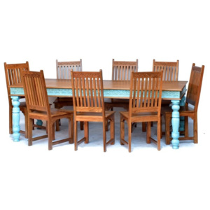 SB Orient Jídelní stůl + 8 židlí, antik teak, ruční řezby, tyrkysová patina, 240x100x78cm