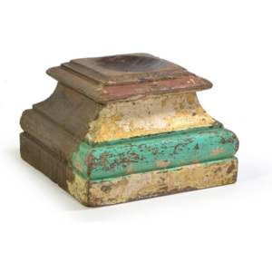 Mobler Dřevěný svícen z antik teakového sloupu, zeleno-bílá patina, 33x33x23cm