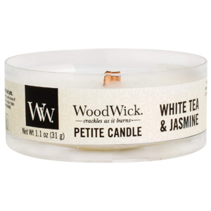 Čajová vonná svíčka pettie candle s dřevěným knotem WoodWick White Tea & Jasmine - Bílý čaj a jasmín 31 g