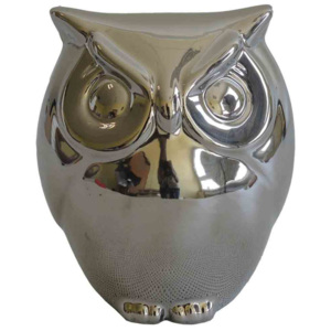 Dekorační soška sova Stardeco keramika stříbrná 12x9,5 cm