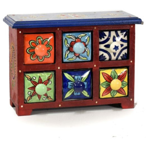 SB Orient Skříňka se 6 keramickými šuplíky, ručně malovaná, dřevo, 24x9x17cm