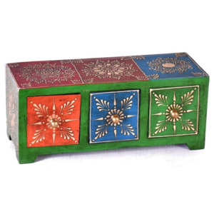 SB Orient Dřevěná skříňka s 3 šuplíky, ručně malovaná, zelená, 25x10x10cm