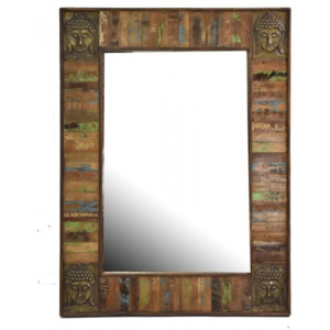 SB Orient Zrcadlo v rámu, antik teak, kování hlavy Buddhy, 90x120x5cm