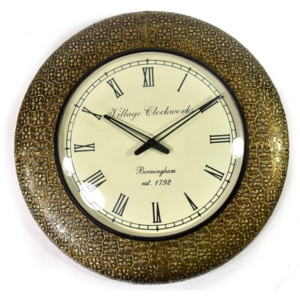 Mobler Velké nástěnné hodiny, tepaný antik zdobený mosazný plech, prům. 47cm