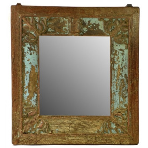 SB Orient Zrcadlo ve vyřezávaném rámu z antik teakového dřeva, tyrkysová patina 68x73x5cm