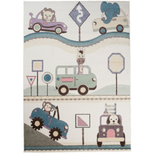 Dětský kusový koberec Zvířátka v autě krémový, Velikosti 80x150cm